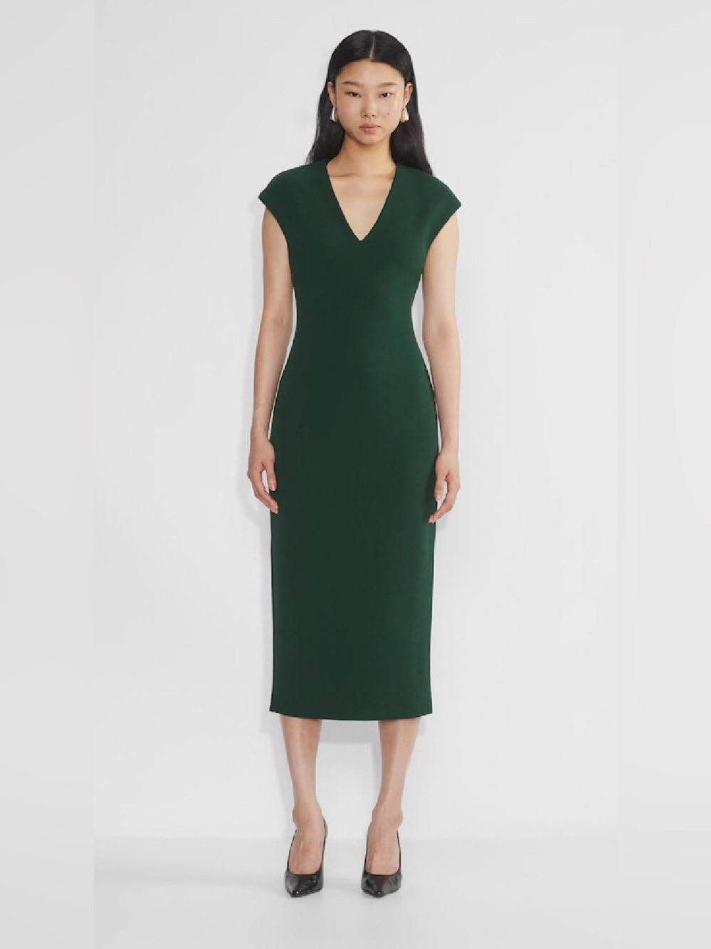 Babaton Aritzia Press Dress Scarab Green Midi Cap Sleeve V-Neck Size M